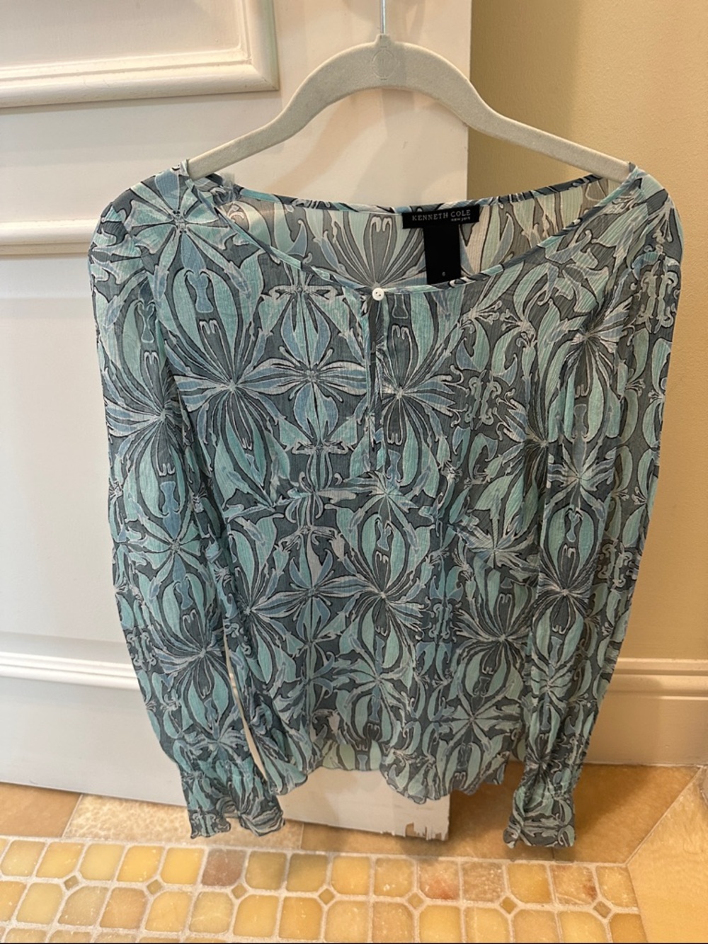 Kenneth Cole Aqua and Gray Floral Long-Sleeve Blouse